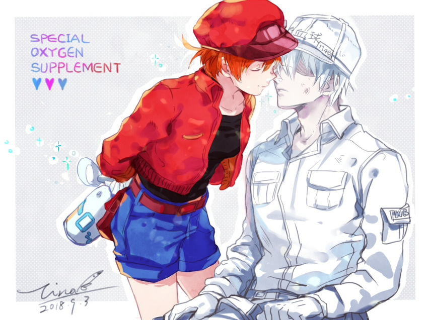 1girl ae-3803 artist_name baseball_cap belt cabbie_hat closed_eyes commentary_request couple dated english gloves hat hataraku_saibou hetero imminent_kiss jacket long_sleeves red_blood_cell_(hataraku_saibou) red_hair red_jacket short_hair shorts signature tina_(tinashan2) u-1146 white_blood_cell_(hataraku_saibou) white_hair white_hat white_skin