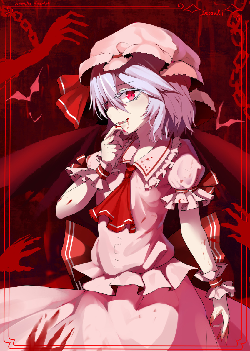 bat_wings blue_hair bracelet commentary_request fang fangs finger_to_mouth hat highres jewelry looking_at_viewer mob_cap red_eyes remilia_scarlet short_hair smile snozaki solo touhou wings