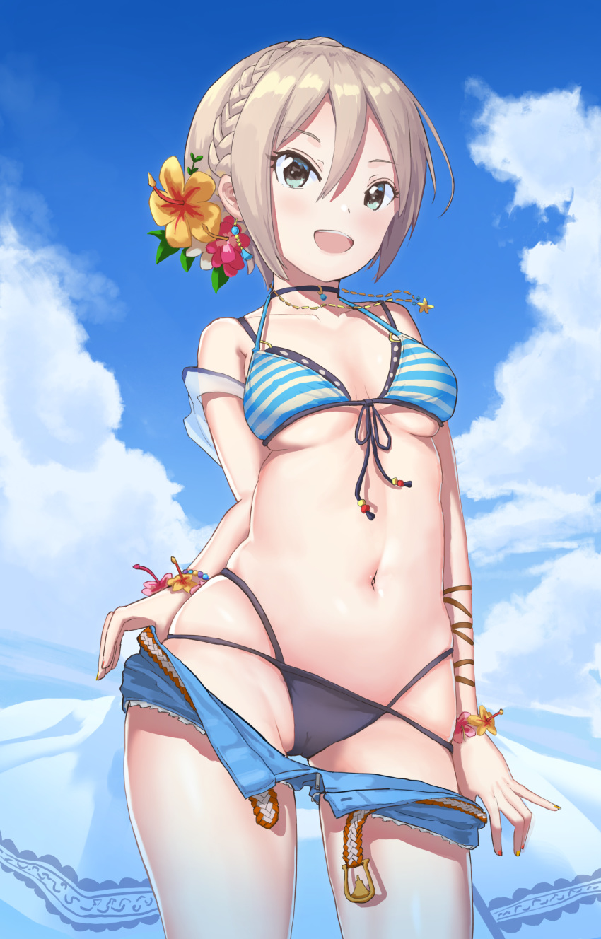 :d absurdres bikini black_bikini blue_eyes blue_sky bracelet braid breasts cleavage cloud cola cowboy_shot crown_braid day earrings flower from_below front-tie_bikini front-tie_top hair_between_eyes hair_flower hair_ornament hibiscus highres idolmaster idolmaster_cinderella_girls jewelry juu_p looking_at_viewer multi-strapped_bikini open_clothes open_mouth open_shorts outdoors polka_dot_bikini_top pulled_by_self shiny shiny_hair shiomi_shuuko short_hair short_shorts shorts shorts_pull silver_hair skindentation sky smile solo standing striped_bikini_top swimsuit underboob white_polka_dots white_shorts yellow_flower