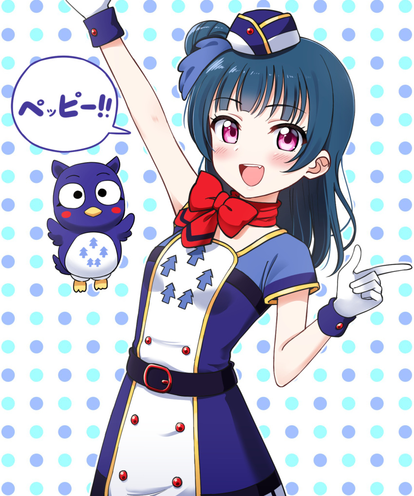 :d arm_up bangs belt_buckle blue_dress blue_hair blue_hat blush bow breasts buckle deadnooodles dress eyebrows_visible_through_hair fang fangs gloves hair_bun hand_up hat highres index_finger_raised long_hair love_live! love_live!_sunshine!! mini_hat multicolored multicolored_polka_dots open_mouth polka_dot polka_dot_background purple_belt purple_eyes red_bow short_sleeves side_bun small_breasts smile solo translated tsushima_yoshiko white_gloves