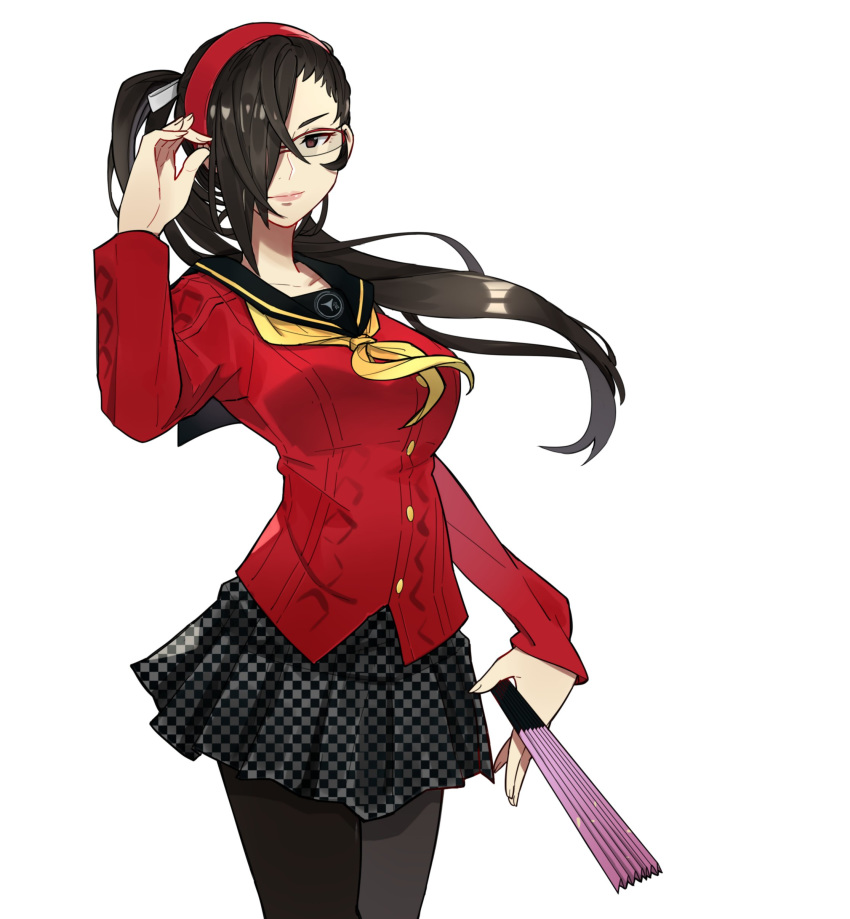 absurdres amagi_yukiko amagi_yukiko_(cosplay) bespectacled breasts brown_eyes brown_hair closed_mouth commentary commission cosplay ebinku fan fire_emblem fire_emblem_if glasses hair_over_one_eye hairband highres kagerou_(fire_emblem_if) large_breasts lips long_hair long_sleeves pantyhose persona persona_4 ponytail red_hairband school_uniform simple_background skirt solo white_background