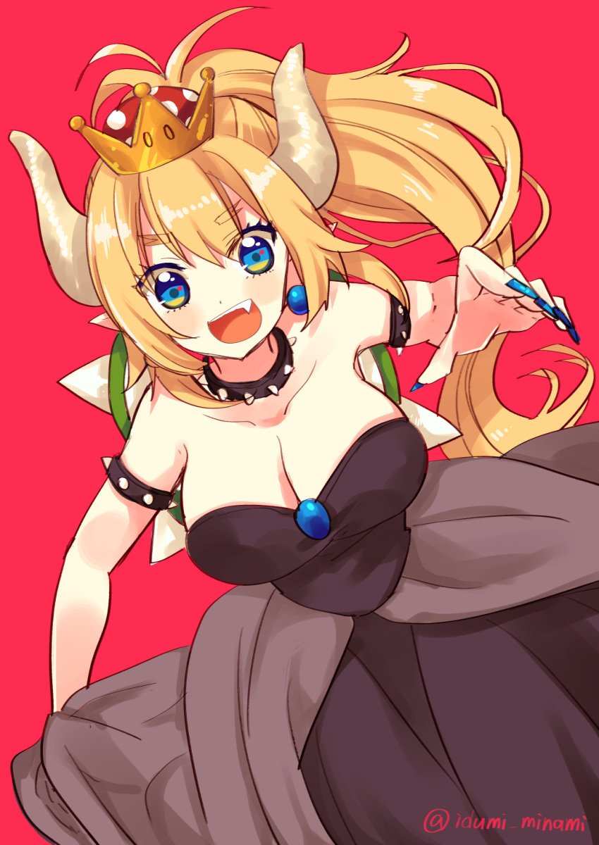 1girl bare_shoulders black_dress blonde_hair blue_eyes bowser bowsette bracelet breasts cleavage collar crown dress earrings fang horns jewelry large_breasts looking_at_viewer mario_(series) nail_polish nintendo pointy_ears solo spiked_bracelet spiked_collar spikes super_crown