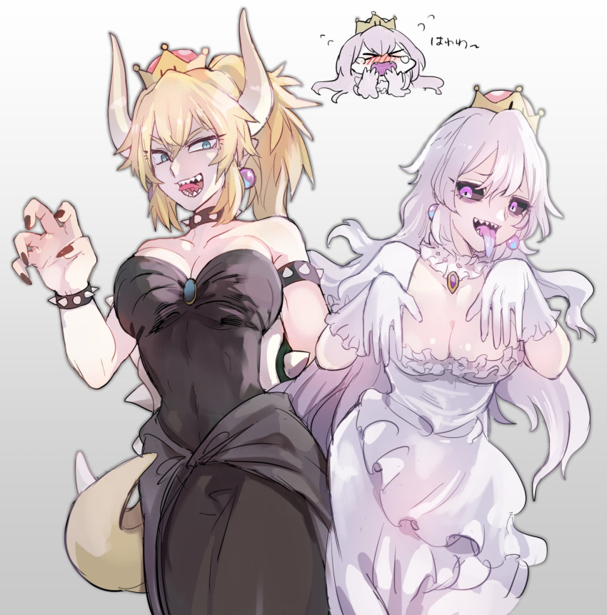 :p black_dress black_sclera blonde_hair blue_eyes bowsette breasts chibi chibi_inset claw_pose cleavage commentary_request covered_navel crown dress earrings flying_sweatdrops ghost_pose gloves gradient gradient_background grey_background highres horns jewelry large_breasts lizard_tail long_hair looking_at_viewer luigi's_mansion mario_(series) multiple_girls new_super_mario_bros._u_deluxe nyuusankin_(9jo_3) pink_eyes pointy_ears ponytail princess_king_boo sharp_teeth smile spikes super_crown super_mario_bros. tail teeth tongue tongue_out translated white_dress white_gloves