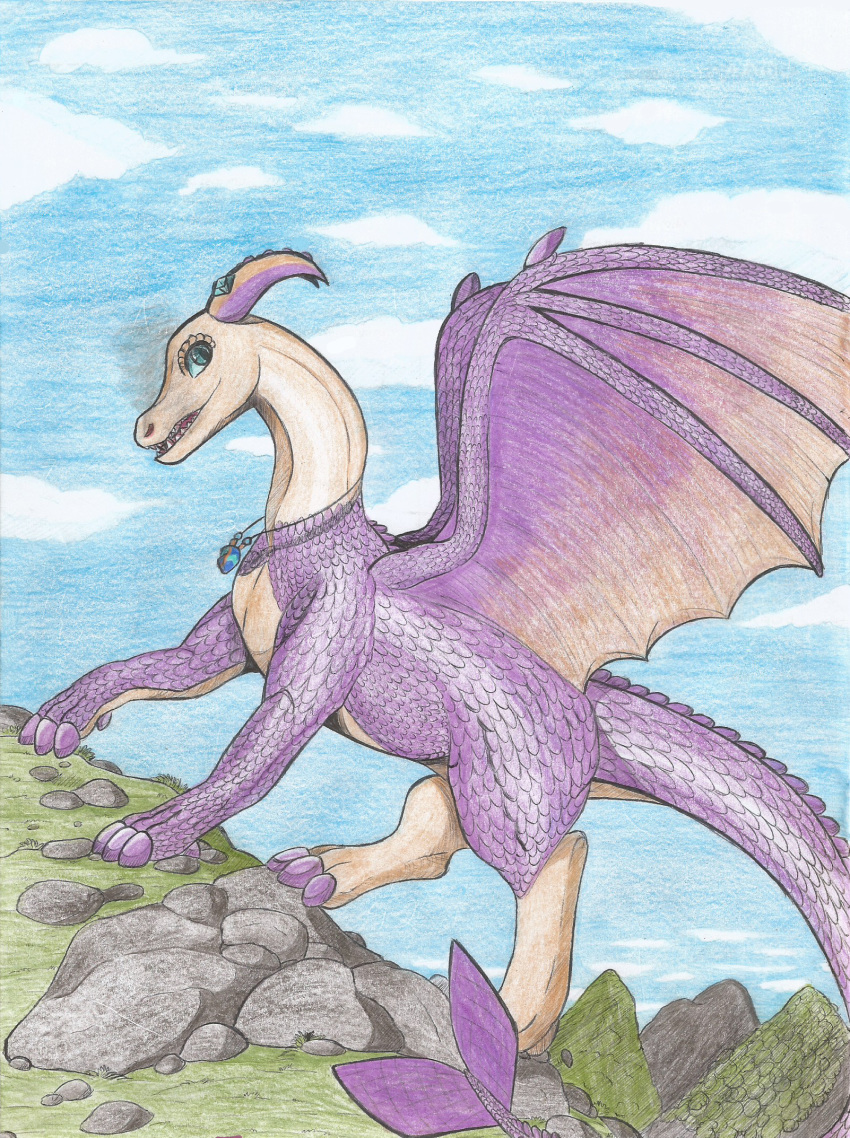 69bea dragon feral male open_mouth scales scalie traditional_media_(artwork) wings