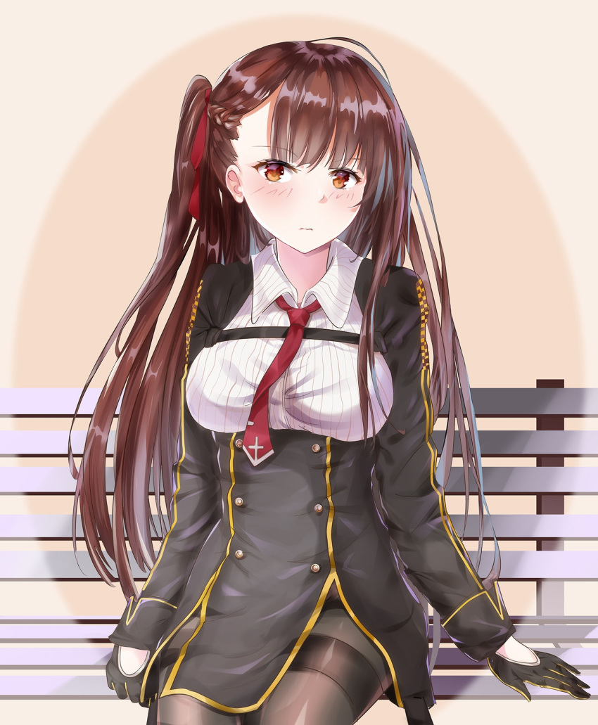 3: bangs bench black_gloves black_jacket blush braid breasts brown_background brown_eyes brown_hair brown_legwear closed_mouth collared_shirt eyebrows_visible_through_hair framed_breasts girls_frontline gloves gradient gradient_background hair_ribbon highres jacket long_hair long_sleeves looking_at_viewer medium_breasts mutang necktie on_bench one_side_up pantyhose park_bench red_neckwear red_ribbon ribbon shirt sitting sitting_on_bench solo striped striped_shirt thighband_pantyhose vertical-striped_shirt vertical_stripes very_long_hair wa2000_(girls_frontline) white_shirt