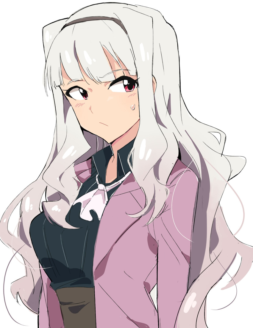 ascot bangs black_shirt blunt_bangs brown_skirt closed_mouth collared_shirt commentary_request hairband high-waist_skirt highres idolmaster idolmaster_(classic) jacket korean_commentary long_hair long_sleeves looking_at_viewer open_clothes open_jacket pink_jacket red_eyes shijou_takane shirt silver_hair simple_background skirt solo sweatdrop tuxedo_de_cat upper_body white_background white_neckwear wing_collar
