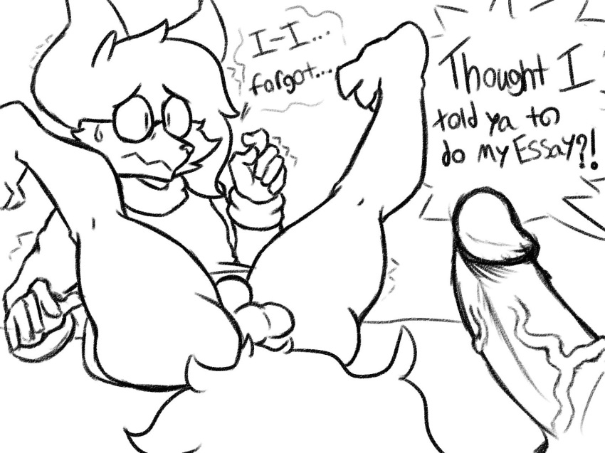 2018 anthro balls black_and_white braixen bullying butt canine clothed clothing dialogue digital_media_(artwork) duo english_text erection eyewear fox fur glasses male male/male mammal monochrome nervous nintendo penis pok&eacute;mon pok&eacute;mon_(species) pokebraix_(artist) simple_background text video_games