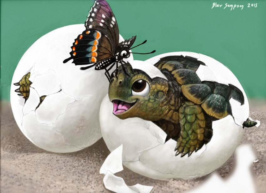 2015 abdomen absurd_res ambiguous_gender antennae arthropod baby black_antennae black_exoskeleton black_eyes black_wings blue_wings brown_eyes brown_scales butterfly butterfly_wings claws cute depth_of_field digital_media_(artwork) digital_painting_(artwork) duo_focus earhole egg exoskeleton eye_contact feral green_scales green_tail group hatching hi_res insect lighting looking_at_another looking_down looking_up mixed_media multi_leg multi_limb multicolored_scales multicolored_wings on_head on_top on_top_of one_eye_closed open_mouth open_smile orange_wings pink_tongue psithyrus quadruped reptile sand scales scalie shadow shell short_tail signature smile spots spotted_exoskeleton spotted_wings toe_claws tongue traditional_media_(artwork) turtle two_tone_exoskeleton two_tone_scales white_exoskeleton white_spots white_wings wings young