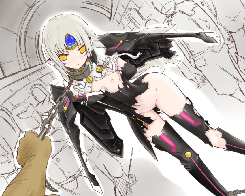 arm_behind_back blush bottomless chain code:_nemesis_(elsword) coladaisuki crack elsword eve_(elsword) facial_mark forehead_jewel long_hair nipples one_breast_out panties pink_panties restrained silver_hair torn_clothes underwear wings yellow_eyes