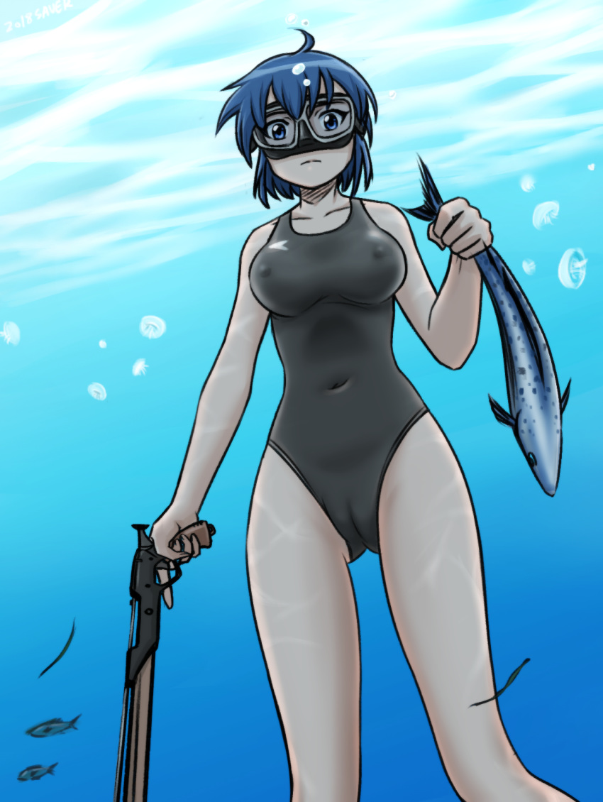 air_bubble black_hair blue_hair bubble cameltoe diving_mask diving_mask_on_eyes fish freediving highres looking_at_viewer ocean one-piece_swimsuit original saver_(artbysaver) short_hair spear_gun swimsuit underwater