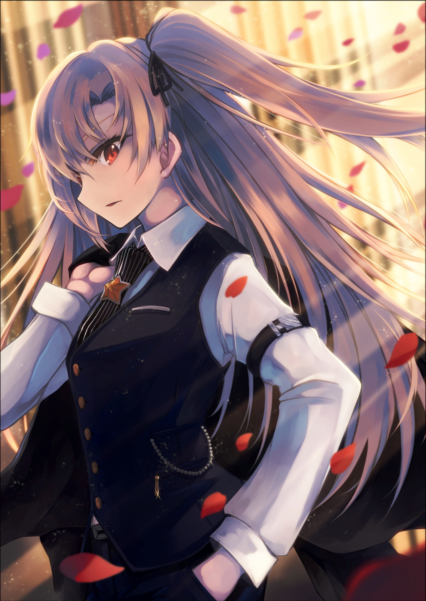 absurdres animal_ears arm_strap asymmetrical_bangs azur_lane bangs black_jacket black_neckwear black_ribbon blonde_hair blue_pants blue_vest blush border breast_pocket breasts chain cleveland_(azur_lane) collared_shirt commentary_request floating_hair from_side gold hair_between_eyes hair_ribbon hand_in_pocket highres holding holding_jacket jacket jacket_removed light_particles long_hair long_sleeves looking_at_viewer necktie off_shoulder one_side_up open_mouth otogi_kyouka outdoors pants parted_bangs petals pocket red_eyes ribbon shiny shiny_hair shirt smile solo standing star striped striped_neckwear very_long_hair vest white_shirt wind wing_collar