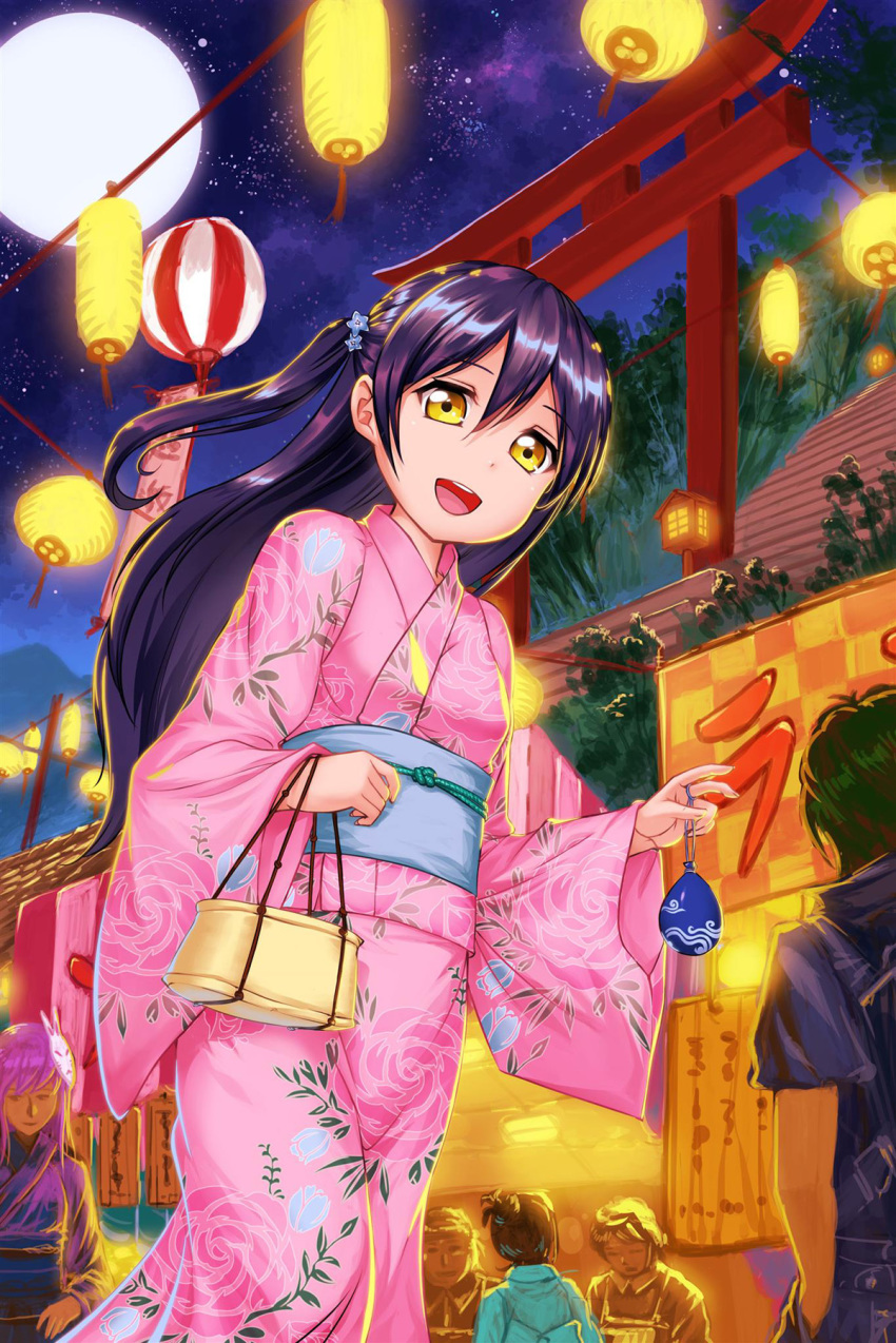 4girls :d alternate_hairstyle bangs basket black_hair blue_flower blue_hair blue_kimono bunny_mask commentary_request crazypen festival floral_print flower food_stand full_moon hair_bun hair_flower hair_ornament highres japanese_clothes kimono lantern long_hair long_sleeves looking_at_viewer love_live! love_live!_school_idol_project moon multiple_boys multiple_girls night obi one_side_up open_mouth outdoors paper_lantern pink_kimono purple_hair purple_kimono sash smile sonoda_umi upper_teeth water_yoyo wide_sleeves yellow_eyes