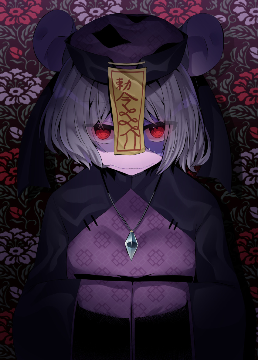 abe_suke absurdres animal_ears black_dress black_hat closed_mouth commentary_request dark_persona dress flower grey_hair hands_in_opposite_sleeves hat highres jewelry jiangshi long_sleeves looking_at_viewer mouse_ears nazrin ofuda pendant red_eyes red_flower short_hair solo stitched_mouth stitches touhou wavy_mouth white_flower