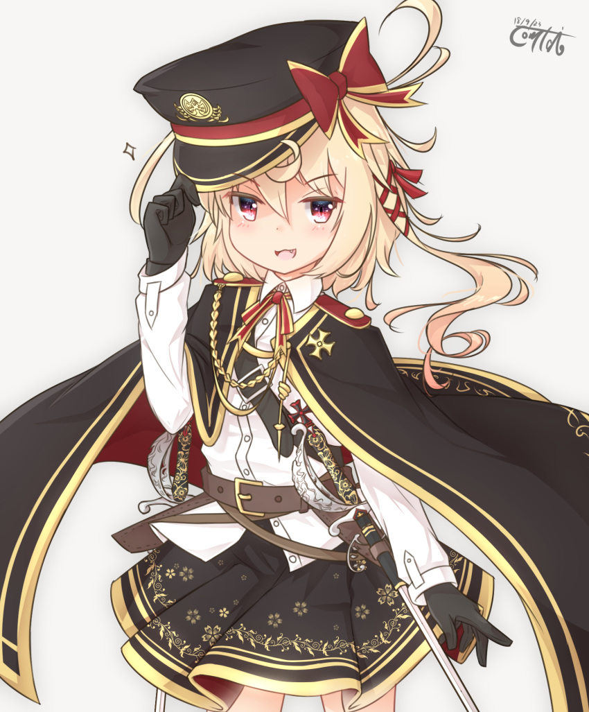 :3 :d arm_up bangs black_cape black_gloves black_hat black_skirt blonde_hair blush cape cherry_blossom_print collared_shirt commentary_request coreytaiyo dated dress_shirt eyebrows_visible_through_hair fang flandre_scarlet gloves grey_background hair_between_eyes hair_ribbon hand_on_headwear hat highres long_hair long_sleeves military military_hat military_uniform one_side_up open_mouth peaked_cap pleated_skirt print_skirt rapier red_eyes red_ribbon ribbon shirt signature skirt smile solo sparkle sword touhou uniform v-shaped_eyebrows weapon white_shirt