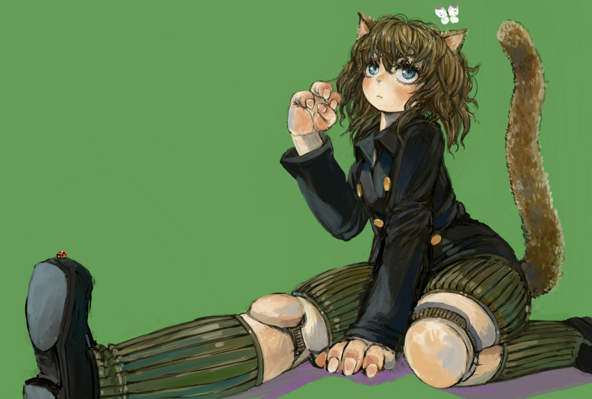 androgynous animal_ears between_legs black_footwear black_jacket blonde_hair bug butterfly cat_ears cat_tail closed_mouth commentary_request doll_joints ebimomo fingernails green_background green_legwear hand_between_legs hunter_x_hunter insect jacket ladybug neferpitou shoes shorts simple_background socks solo tail