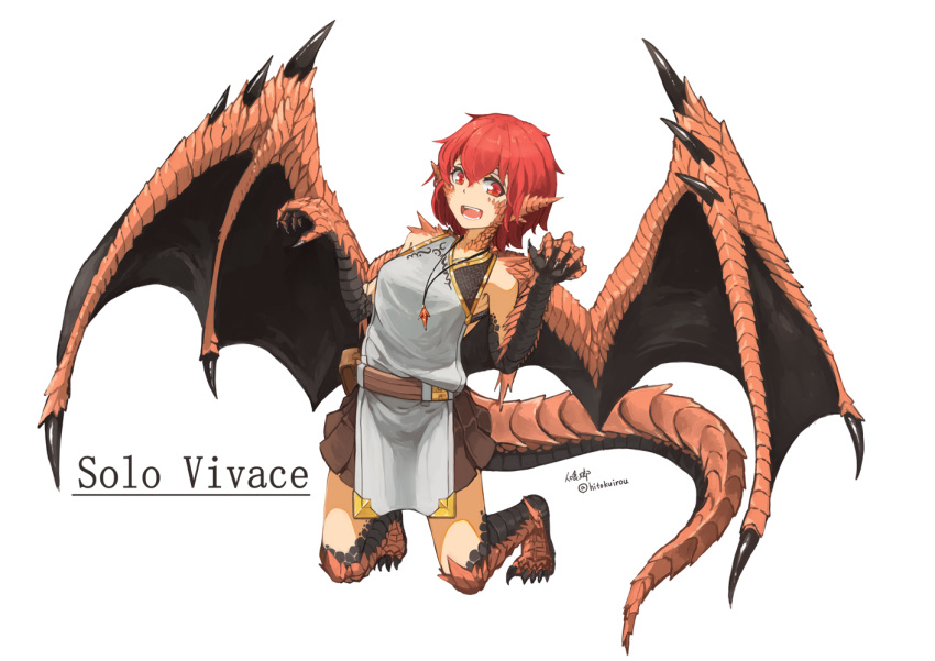 :d animal_ears barefoot brown_skirt character_name claws commentary_request dragon_girl dragon_tail dragon_wings hands_up hitokuirou jewelry kneeling looking_at_viewer monster_girl necklace open_mouth original pelvic_curtain pleated_skirt red_eyes red_hair short_hair signature simple_background skirt smile solo solo_vivace_(hitokuirou) tail twitter_username white_background wings
