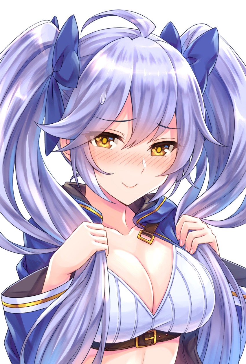 ahoge alternate_costume blush bow braid breasts cape cleavage commentary_request crop_top embarrassed eyebrows_visible_through_hair granblue_fantasy hair_between_eyes hair_bow hair_grab highres large_breasts long_hair long_sleeves pink_lips silva_(granblue_fantasy) silver_hair simple_background smile tomo_(user_hes4085) twin_braids twintails upper_body very_long_hair wavy_hair wavy_mouth yellow_eyes