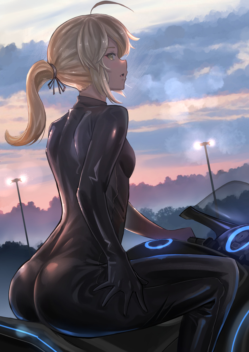 ahoge alternate_costume arm_at_side artoria_pendragon_(all) ass bangs biker_clothes black_bodysuit black_ribbon bodysuit breasts character_request cloud cloudy_sky dawn fate_(series) from_behind ground_vehicle hair_ribbon highres lamppost latex long_hair looking_at_viewer looking_back morning motor_vehicle motorcycle outdoors parted_lips pasoputi ribbon saber_alter shiny shiny_hair shoulder_blades sidelocks sitting skin_tight sky small_breasts smile solo tree