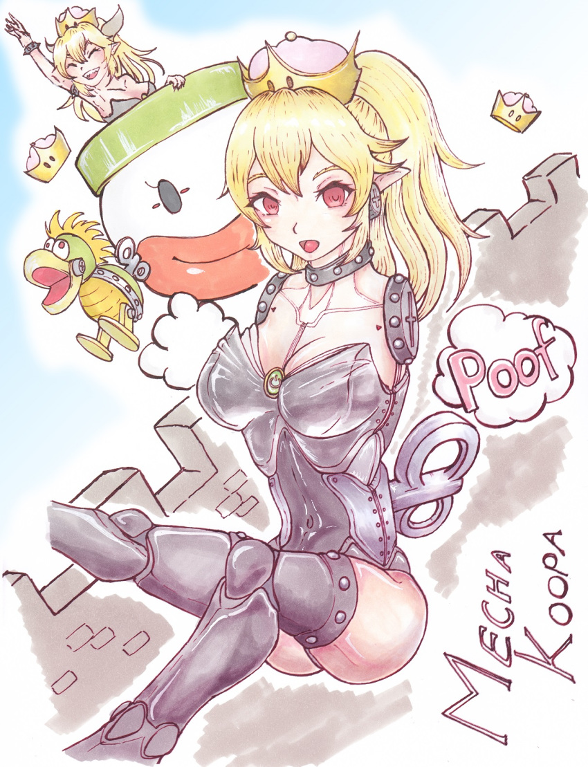 :d arbitrator_(rusty) armless armor artist_request blonde_hair blue_sky bowsette breasts character_name cleavage closed_eyes collar commentary_request covered_navel crown dutch_angle falling highres koopa_clown_car looking_at_viewer mario_(series) mecha-koopa multiple_girls new_super_mario_bros._u_deluxe no_pupils open_mouth pointy_ears ponytail red_eyes screw sketch sky smile spiked_armlet spiked_collar spikes super_crown super_mario_bros. super_mario_world wall winding_key