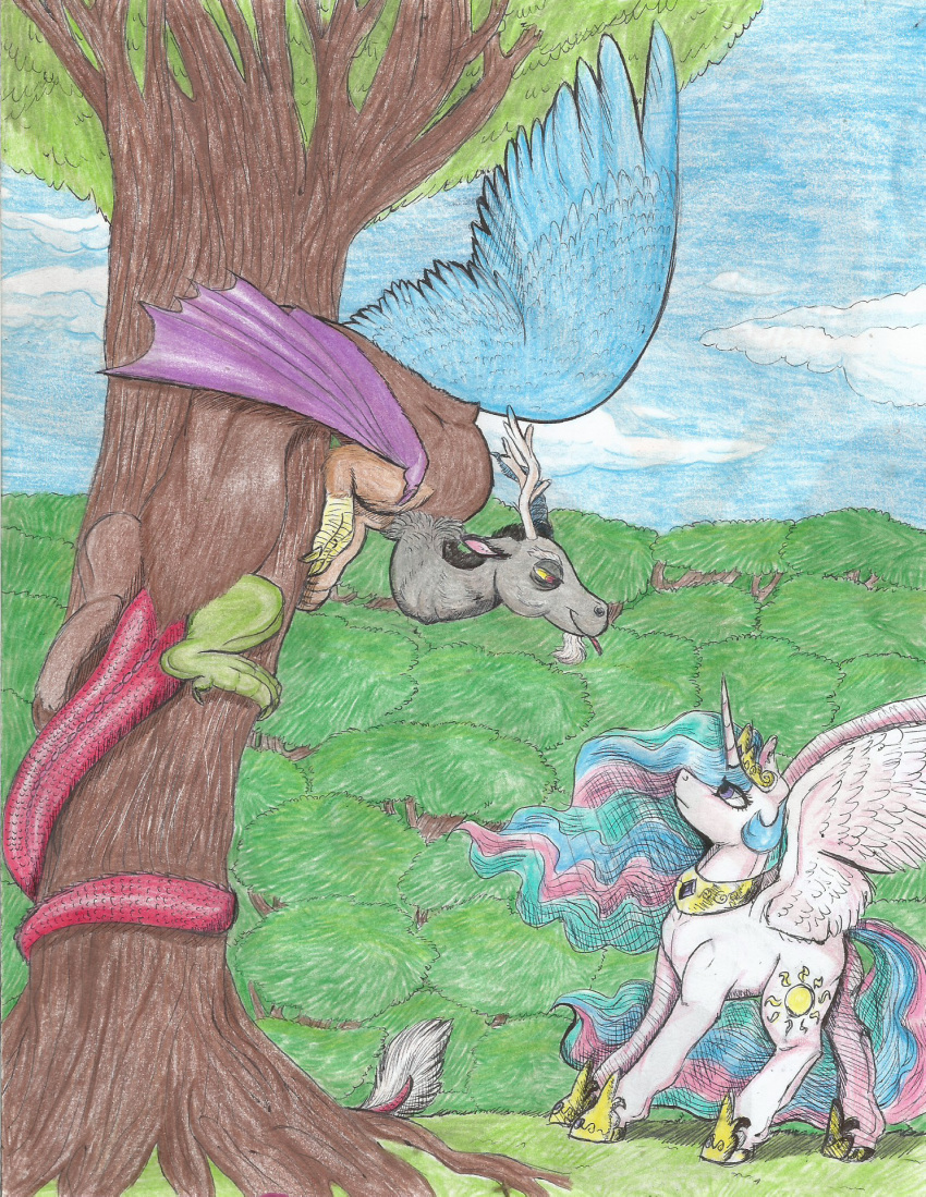 69bea discord_(mlp) draconequus duo equine feathers female feral friendship_is_magic horn horse male mammal my_little_pony pony princess_celestia_(mlp) scales traditional_media_(artwork) winged_unicorn wings