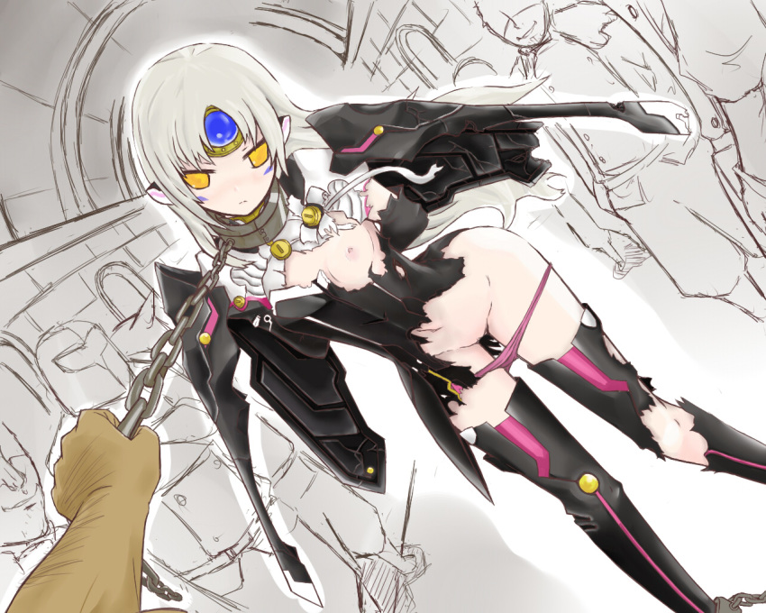arm_behind_back blush chain code:_nemesis_(elsword) coladaisuki crack elsword eve_(elsword) facial_mark forehead_jewel long_hair nipples one_breast_out panties panty_pull pink_panties restrained silver_hair torn_clothes underwear wings yellow_eyes