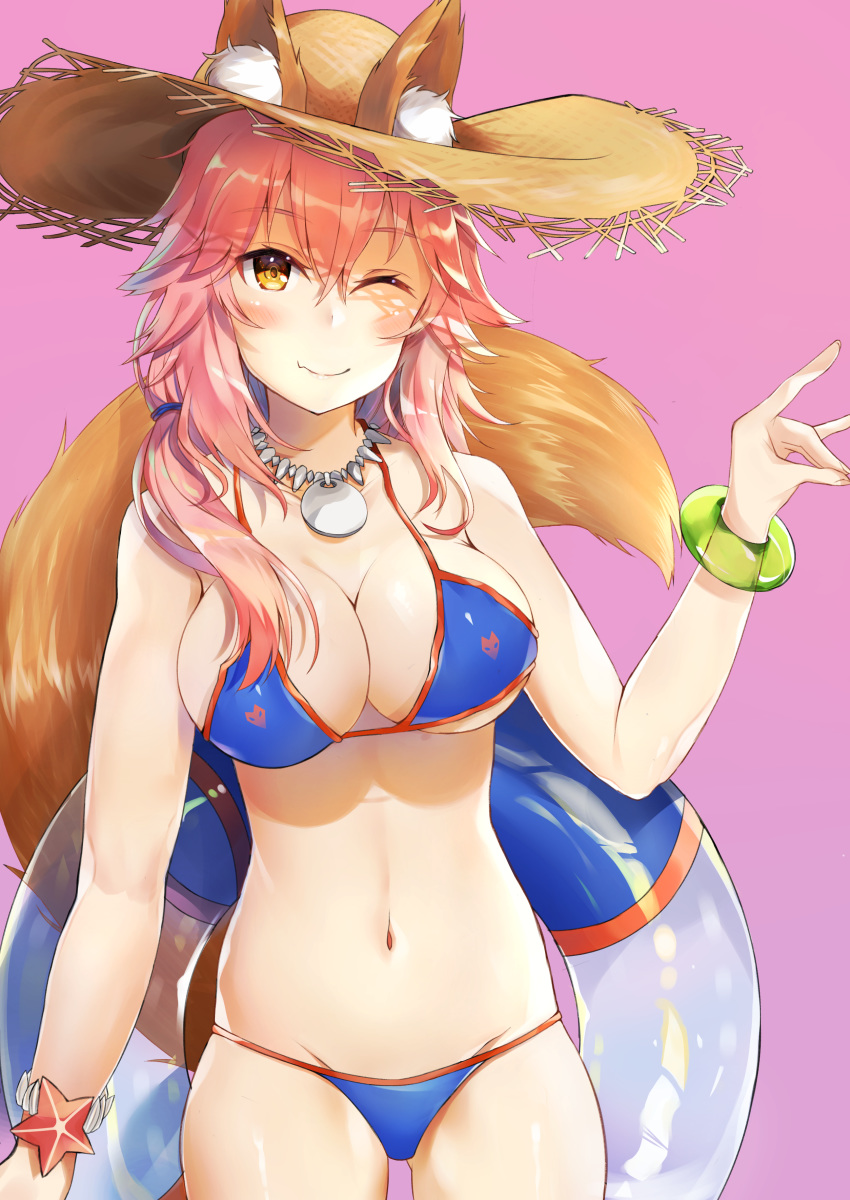 absurdres animal_ear_fluff animal_ears atora bikini blue_bikini breasts cleavage closed_mouth collarbone ears_through_headwear fang fate/grand_order fate_(series) fox_ears fox_shadow_puppet fox_tail groin hat highres innertube large_breasts looking_at_viewer navel one_eye_closed paws pink_background pink_hair side-tie_bikini simple_background solo straw_hat swimsuit tail tamamo_(fate)_(all) tamamo_no_mae_(swimsuit_lancer)_(fate) yellow_eyes