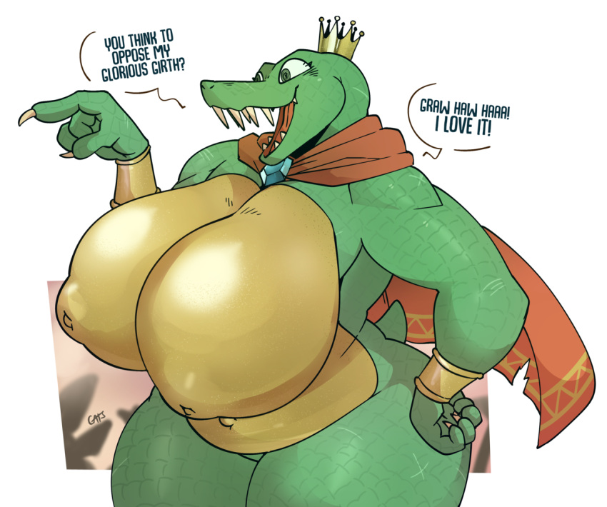anthro big_breasts bracelet breasts cape claws clothing crossgender crown donkey_kong_(series) english_text female gats green_skin jewelry king_k_rool mostly_nude navel nintendo nipples reptile scalie sharp_teeth simple_background smile solo teeth text thick_thighs video_games white_background