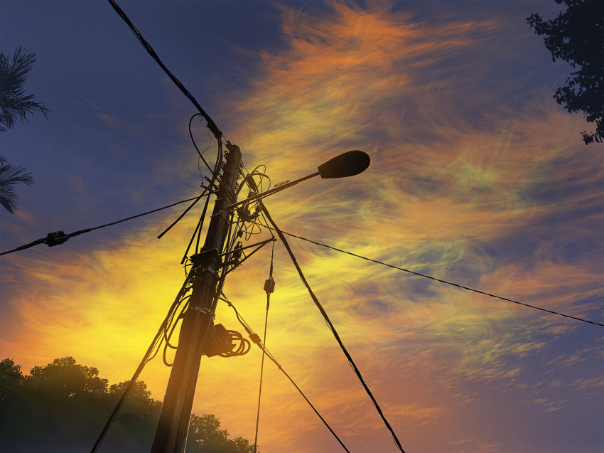 commentary day english_commentary highres making_of mclelun multicolored multicolored_sky no_humans original outdoors photoshop_(medium) power_lines scenery sky telephone_pole tree twilight