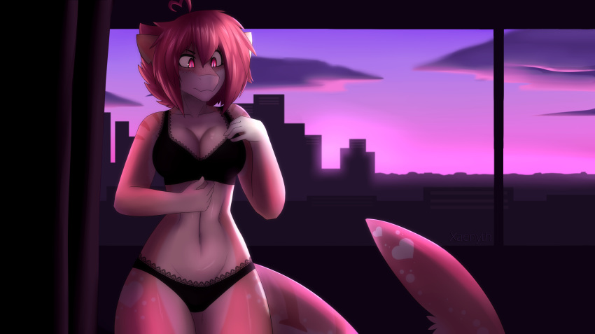 2018 5_fingers anthro bra breasts clothed clothing detailed_background digital_media_(artwork) female fin fish hair inside marine midriff navel panties pink_hair pink_skin shark solo twilight underwear xaenyth