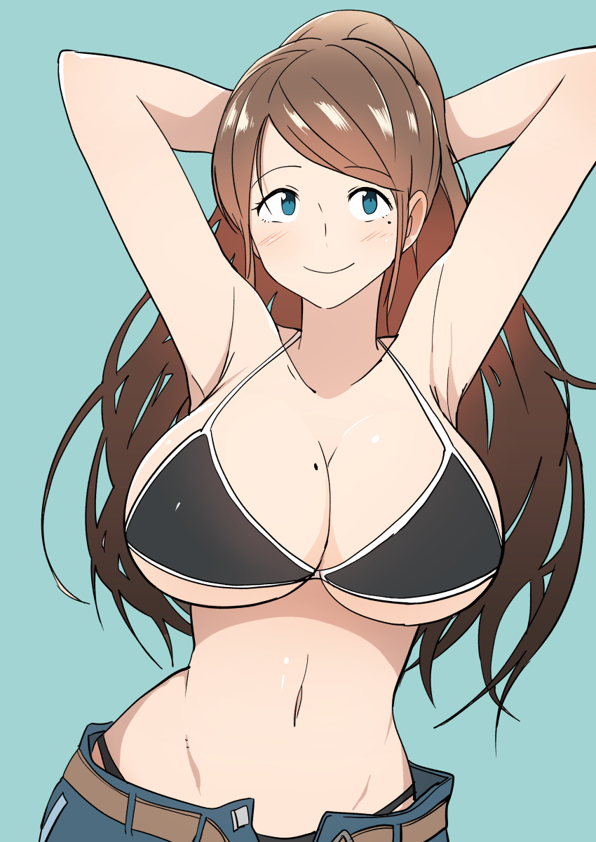 absurdres arms_behind_head bikini_top blue_eyes blush breasts brown_hair bural_chingu highres huge_breasts long_hair luke_(dydansgur) mature mole mole_on_breast mole_under_eye mrs._yun_mi-jeong navel one_side_up open_fly original smile solo wide_hips