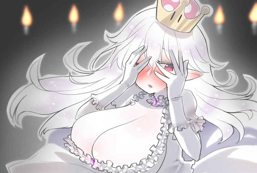 akane846 blush breasts candle cleavage covering_eyes crown ear_blush fire gloves highres huge_breasts long_hair looking_at_viewer luigi's_mansion mario_(series) new_super_mario_bros._u_deluxe open_mouth peeking_through_fingers pointy_ears princess_king_boo sharp_teeth short_sleeves solo super_crown super_mario_bros. teeth white white_gloves white_hair white_skin