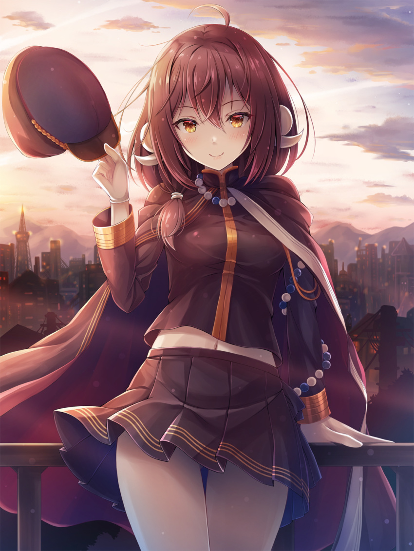 ahoge akashio_(loli_ace) arm_support ass_visible_through_thighs azur_lane bangs black_cape black_shirt black_skirt blush brown_eyes brown_hair building cape cityscape closed_mouth cloud commentary_request curled_horns eyebrows_visible_through_hair fence gloves hair_between_eyes hat hat_removed headwear_removed highres holding holding_hat horns long_hair long_sleeves midriff_peek mikasa_(azur_lane) military military_hat military_uniform navel outdoors peaked_cap pleated_skirt shirt skirt sky smile solo sunlight uniform white_gloves