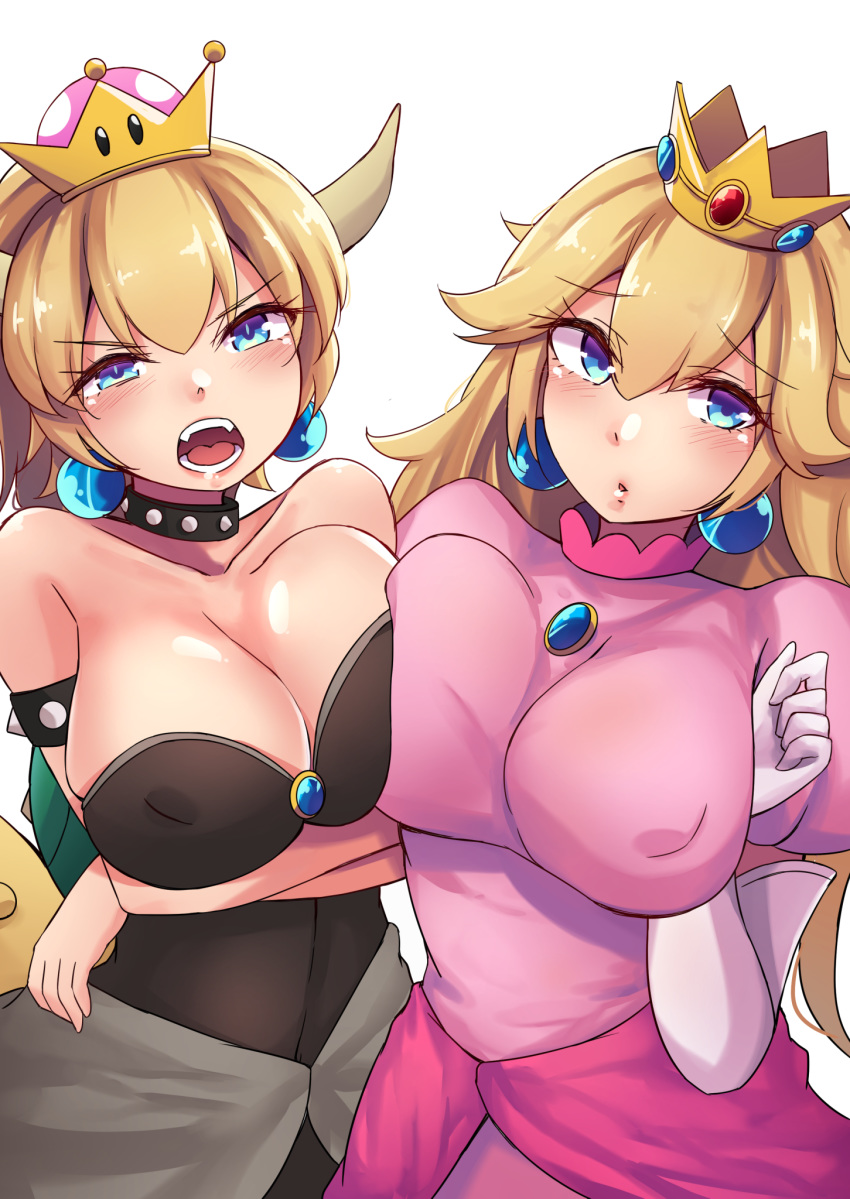 bare_shoulders blonde_hair blue_eyes blush bowsette bracelet breasts cleavage collar crown dress earrings elbow_gloves gloves hat highres horns jewelry large_breasts long_hair looking_at_viewer mario_(series) mistynight multiple_girls new_super_mario_bros._u_deluxe open_mouth pink_dress ponytail princess_peach spiked_bracelet spiked_collar spikes super_crown super_mario_bros. teeth white_gloves
