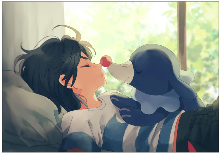 capri_pants gen_7_pokemon komasawa_(fmn-ppp) male_focus noses_touching pants pokemon pokemon_(creature) pokemon_(game) pokemon_sm popplio sea_lion waking_up you_(pokemon)