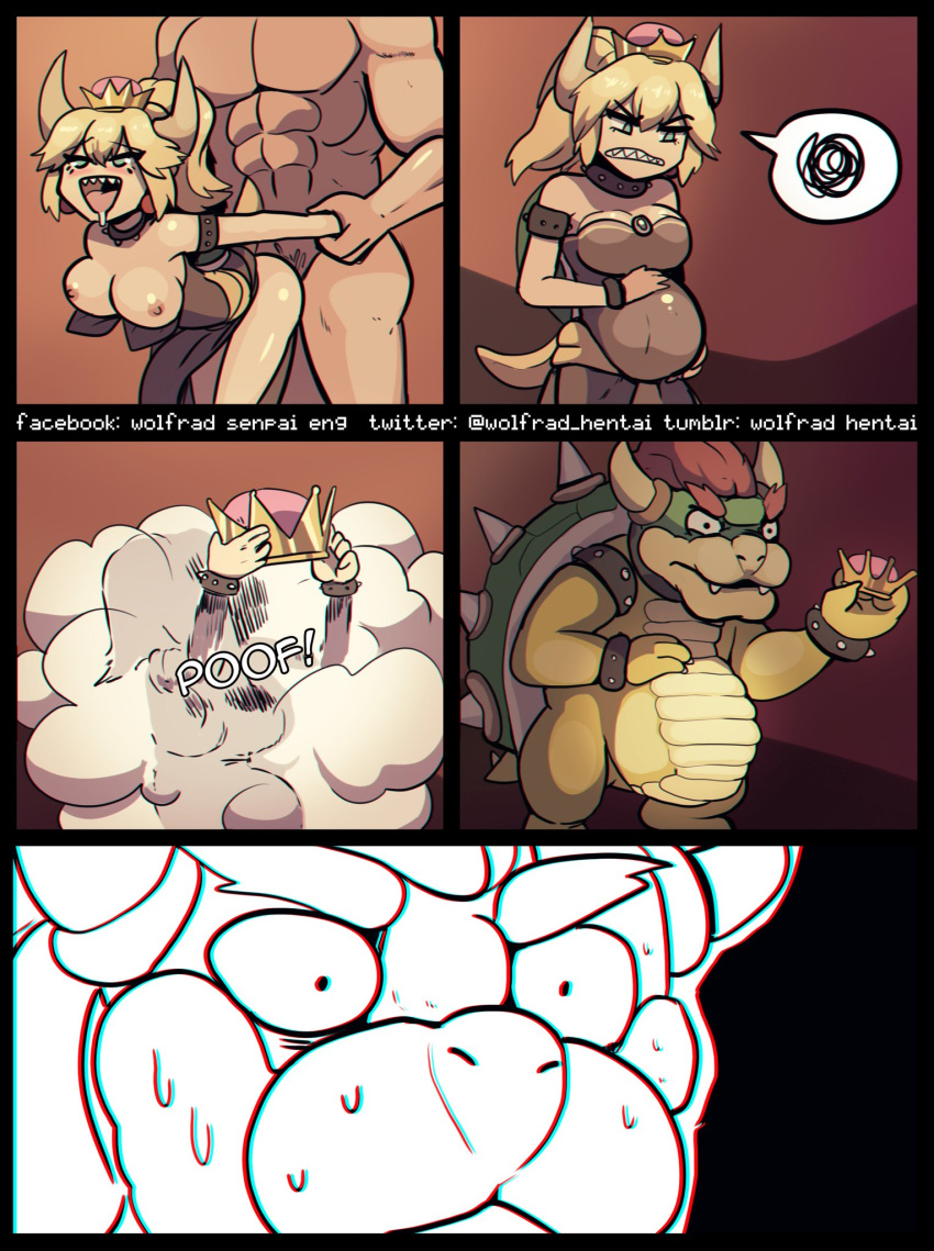 2018 alternate_species better_version_at_source blonde_hair blush bowser bowsette_meme breasts chromatic_aberration clothing comic crossgender crown faceless_male female from_behind_position hair hi_res horn human human_on_humanoid humanoid humanoid_to_anthro humor koopa koopahime long_hair looking_pleasured male male/female male_pregnancy mammal mario_bros nervous nintendo nipples penetration pregnant red_hair scalie sex smoke super_crown sweat transformation vaginal vaginal_penetration video_games wolfrad