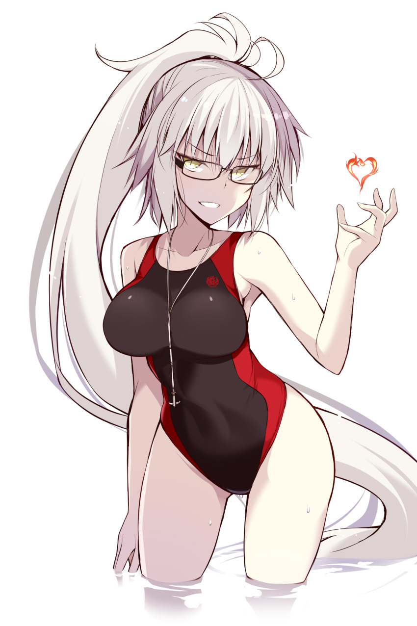 ahoge alternate_color arm_at_side armpits bangs bare_shoulders black-framed_eyewear black_swimsuit breasts collarbone competition_swimsuit cosplay cowboy_shot eyebrows_visible_through_hair fate/grand_order fate_(series) fire flame glasses grey_hair grin hair_between_eyes hand_up heart high_ponytail highres hips jeanne_d'arc_(alter_swimsuit_berserker) jeanne_d'arc_(fate)_(all) jeanne_d'arc_(swimsuit_archer) jeanne_d'arc_(swimsuit_archer)_(cosplay) jewelry leaning_forward long_hair long_ponytail looking_at_viewer medium_breasts multicolored multicolored_clothes multicolored_swimsuit necklace one-piece_swimsuit oota_yuuichi ponytail rectangular_eyewear red_swimsuit sidelocks silver_hair simple_background slit_pupils smile solo standing straight_hair swimsuit teeth thighs tsurime very_long_hair wading water wet whistle whistle_around_neck white_background yellow_eyes