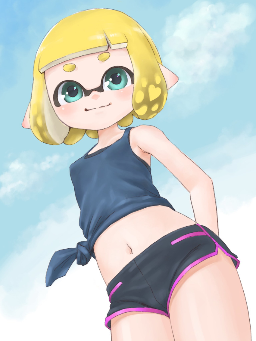 1girl blue_eyes breasts day domino_mask dondoruma female gym_shorts inkling light_smile looking_at_viewer mask midriff navel nintendo outdoors pointy_ears short_shorts shorts small_breasts solo splatoon