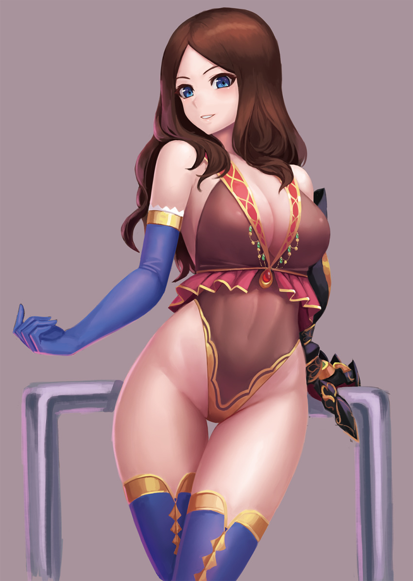 adapted_costume bangs bare_shoulders blue_eyes blue_gloves blue_legwear breasts brown_hair brown_leotard cleavage commentary_request covered_navel elbow_gloves fate/grand_order fate_(series) gem gloves head_tilt highleg highleg_leotard highres large_breasts legs_together leonardo_da_vinci_(fate/grand_order) leotard looking_at_viewer mechanical_arm parted_bangs parted_lips purple_background ranma_(kamenrideroz) sidelocks simple_background smile solo standing thigh_gap thighhighs
