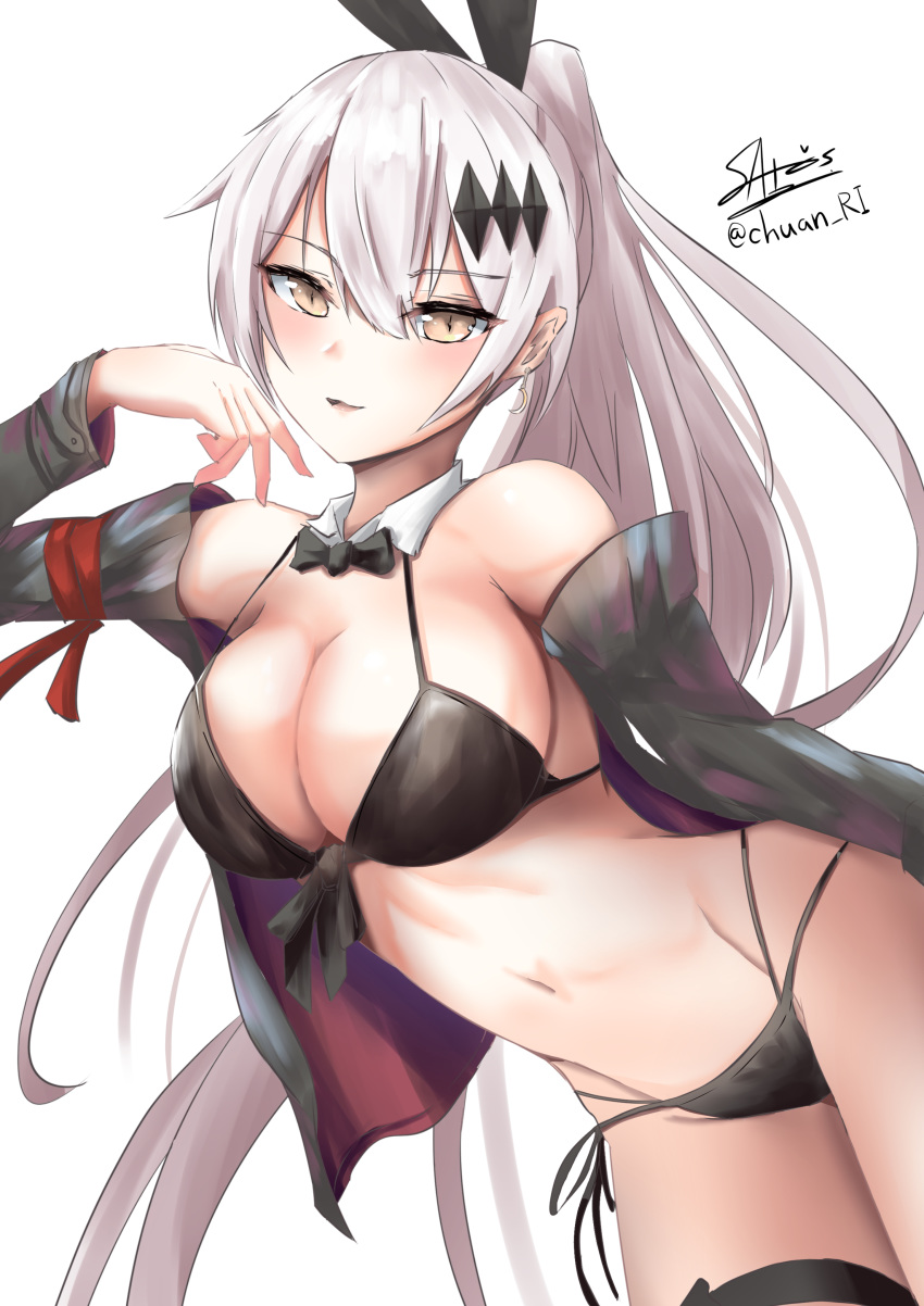 absurdres alternate_costume armband bangs bare_shoulders bikini bikini_tug black_bikini black_ribbon blush bow breasts brown_eyes cameltoe cleavage commentary cowboy_shot detached_collar eyebrows_visible_through_hair five-seven_(girls_frontline) girls_frontline groin hair_between_eyes hair_ornament hair_ribbon hand_up heart highres ichikawayan jacket jewelry large_breasts leaning_forward long_hair looking_at_viewer navel off_shoulder open_clothes open_jacket open_mouth ponytail ribbon side-tie_bikini sidelocks signature silver_hair simple_background skindentation smile solo stomach swimsuit thigh_ribbon twitter_username very_long_hair white_background