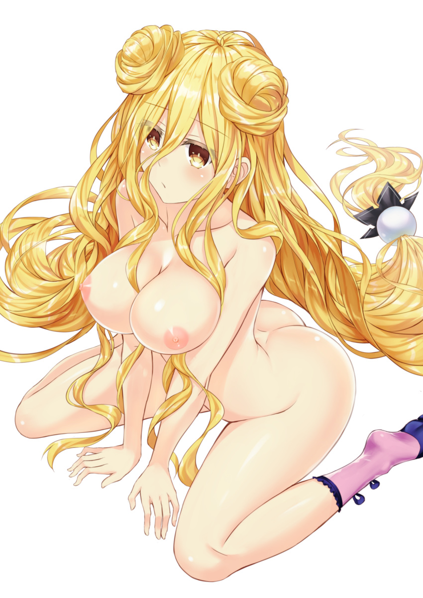 absurdres ass blank_stare blonde_hair blush breasts butt_crack cleavage date_a_live double_bun expressionless feet_out_of_frame hair_between_eyes highres hoshimiya_mukuro large_breasts leaning_forward long_hair low-tied_long_hair nipples nude simple_background sitting socks solo thighs tsubasaki very_long_hair wariza white_background yellow_eyes