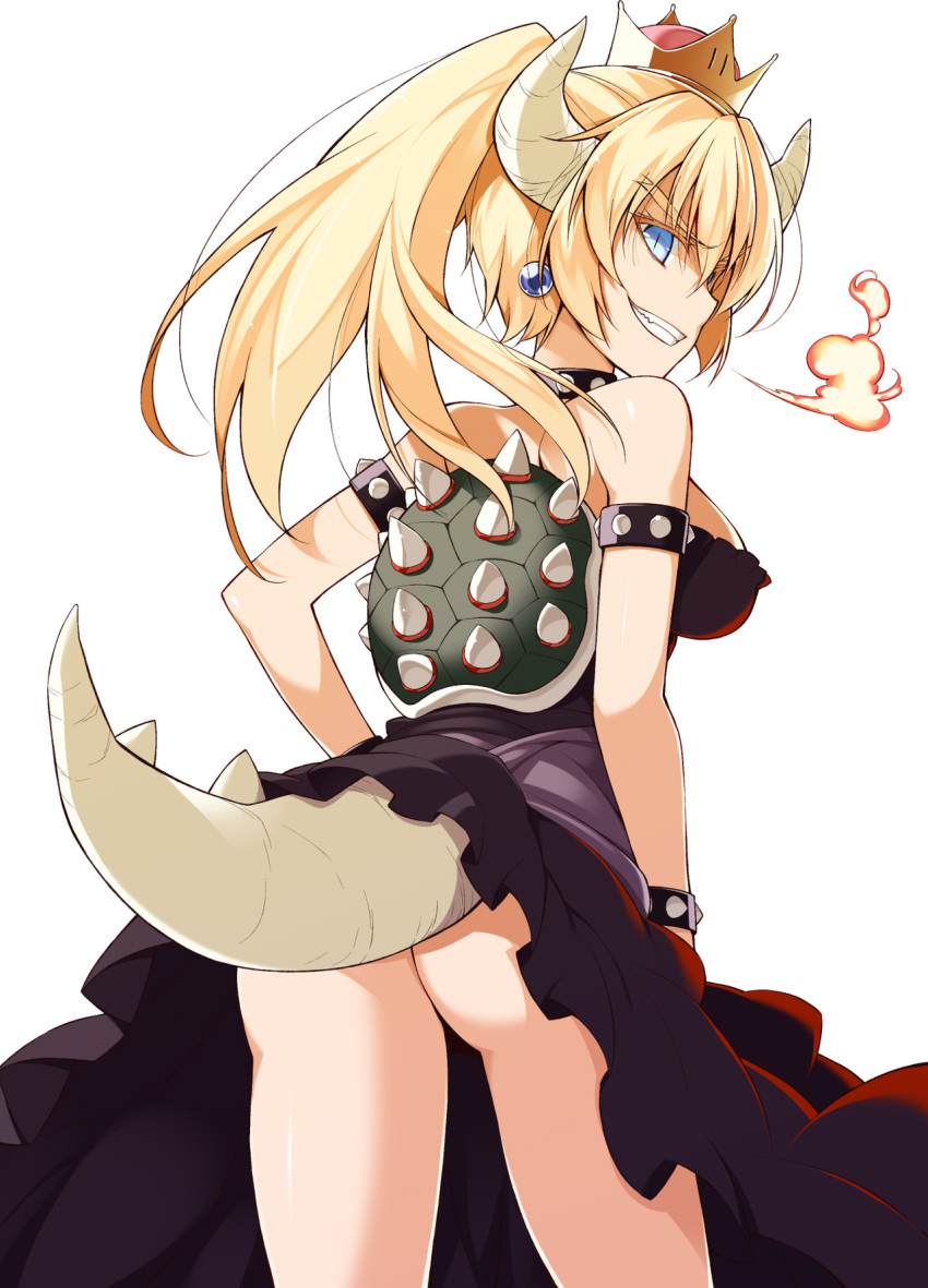 ass bare_shoulders blonde_hair blue_eyes bowsette bracelet breasts breath breathing_fire collar crown dress earrings eyebrows_visible_through_hair fang fire from_behind grin highres horns jewelry large_breasts long_dress looking_at_viewer looking_back mario_(series) new_super_mario_bros._u_deluxe no_panties oota_yuuichi ponytail simple_background slit_pupils smile solo spiked_bracelet spiked_collar spikes standing super_crown tail turtle_shell white_background