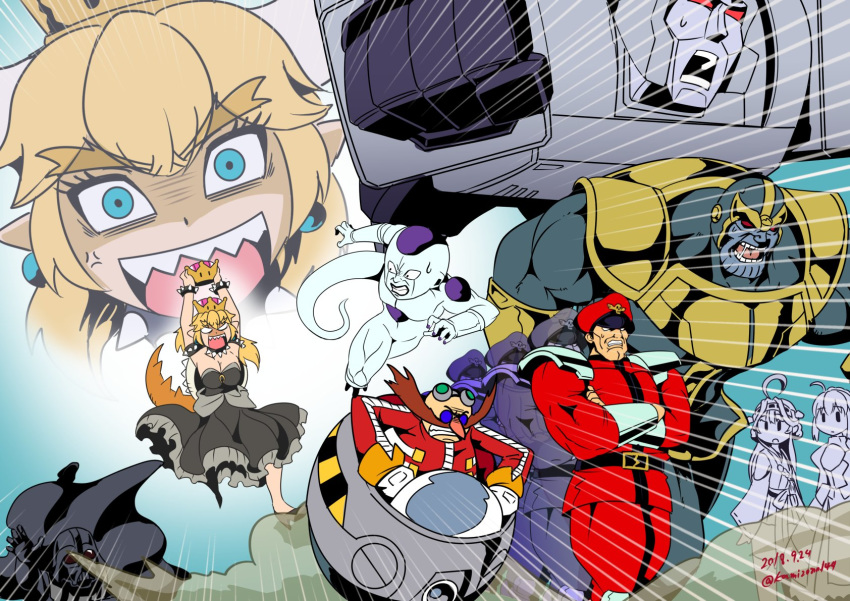 6+boys ahoge anger_vein aqua_eyes armlet artoria_pendragon_(all) black_collar black_dress blank_eyes blonde_hair blue_background blue_earrings borrowed_design bowsette bracelet braid breasts brown_hair cape chasing cleavage collar commentary crazy_eyes crazy_smile crossed_arms crossover crown darth_vader dr._eggman dragon_ball dragon_ball_z dress earrings emphasis_lines english_commentary facial_hair fate/stay_night fate_(series) flat_color fleeing forked_eyebrows french_braid frieza hat helmet highres horns hovercraft jewelry jitome kamizono_(spookyhouse) kantai_collection kongou_(kantai_collection) large_breasts long_hair mario_(series) marvel megatron multiple_boys multiple_crossover multiple_girls mustache new_super_mario_bros._u_deluxe no_pupils nontraditional_miko open_mouth peaked_cap pointy_ears princess projected_inset red_sclera robot saber shaded_face sharp_teeth sonic_the_hedgehog spiked_armlet spiked_bracelet spiked_collar spiked_shell spiked_tail spikes standing standing_on_one_leg star_wars strapless strapless_dress street_fighter super_crown sweatdrop tail teeth thanos thick_eyebrows transformers truth turtle_shell vega watercraft