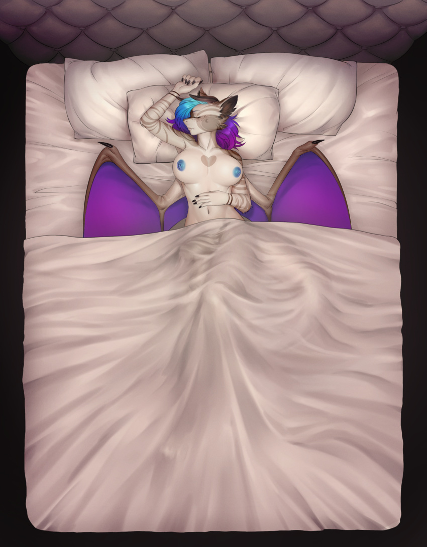 anthro bed breasts bulge dickgirl dragon fur furred_dragon fuzzies4you intersex lying nipples nude on_back penis_outline pillow sherri_aura sleeping solo wide_hips wings