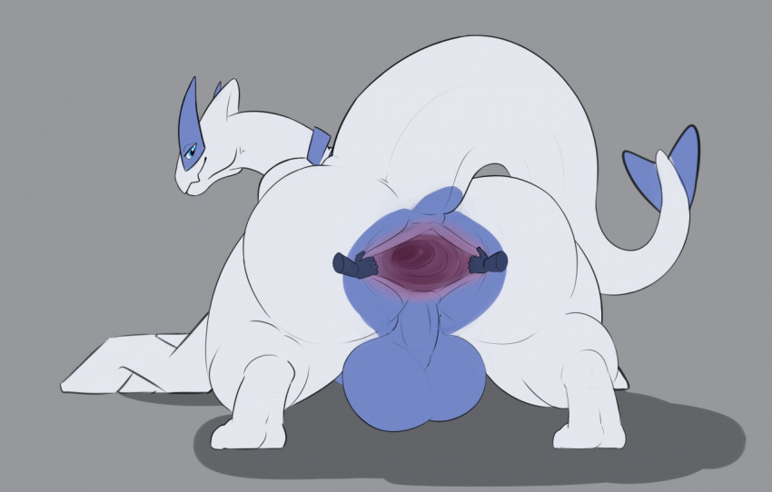 anus backsack balls bent_over big_balls blue_eyes butt covertcanine gaping gaping_anus goatse grey_background legendary_pok&eacute;mon looking_at_viewer looking_back lugia male nintendo pok&eacute;mon pok&eacute;mon_(species) presenting presenting_anus rear_view simple_background solo thick_tail thick_thighs video_games