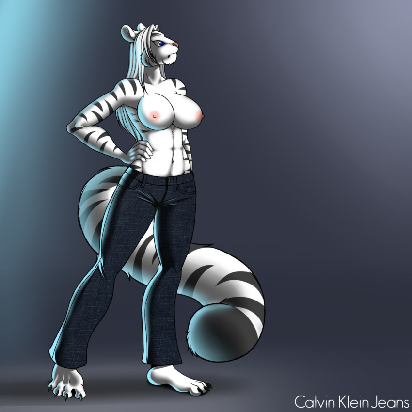 4_toes anthro big_breasts breasts claws clothed clothing feline female fur hair hand_on_hip jeans mammal muscular muscular_female navel nipples pants solo stripes tiger toe_claws toes topless white_fur white_hair white_tiger zp92