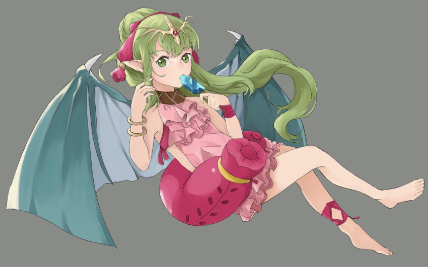 bracelet chiki commentary_request dragon_wings fire_emblem fire_emblem:_monshou_no_nazo fire_emblem_heroes food green_eyes green_hair grey_background hair_ribbon highres jewelry long_hair mamkute pink_swimsuit pointy_ears ponytail popsicle ribbon sakuuremi simple_background solo swimsuit tiara wings