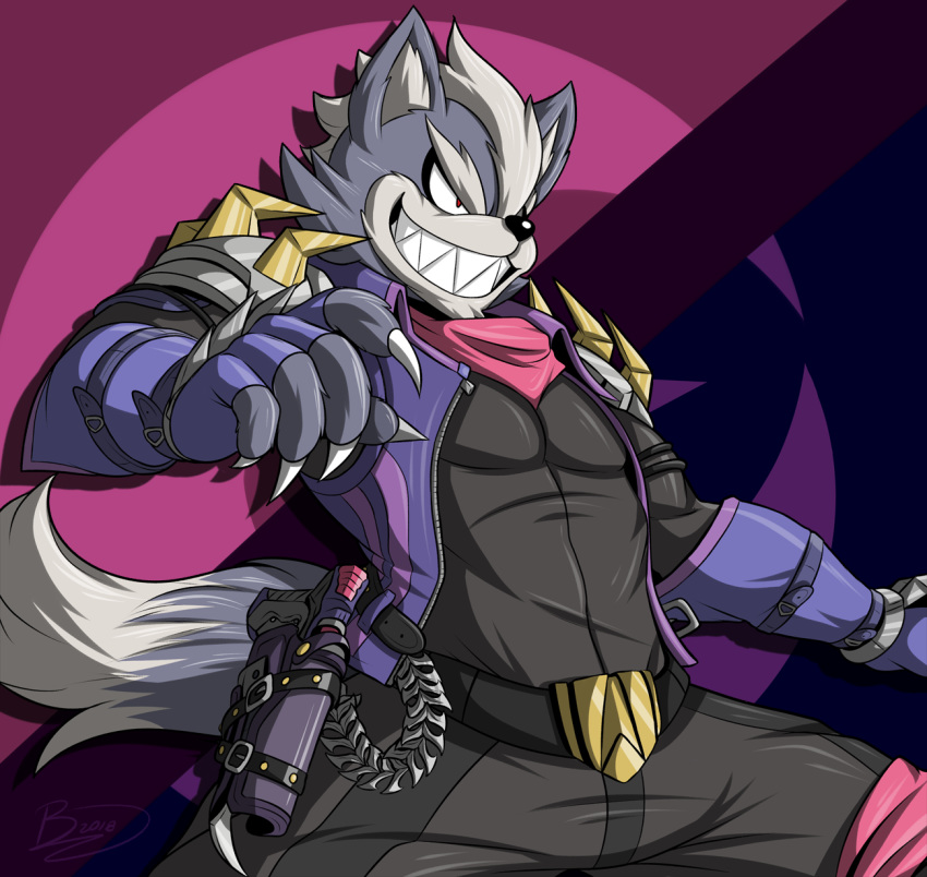 2018 anthro belt canine claws clothed clothing digital_media_(artwork) fingerless_gloves frieddough_(artist) fur gloves grey_fur grin gun male mammal muscular nintendo pants ranged_weapon red_eyes simple_background smile solo standing star_fox teeth video_games weapon white_fur wolf wolf_o'donnell