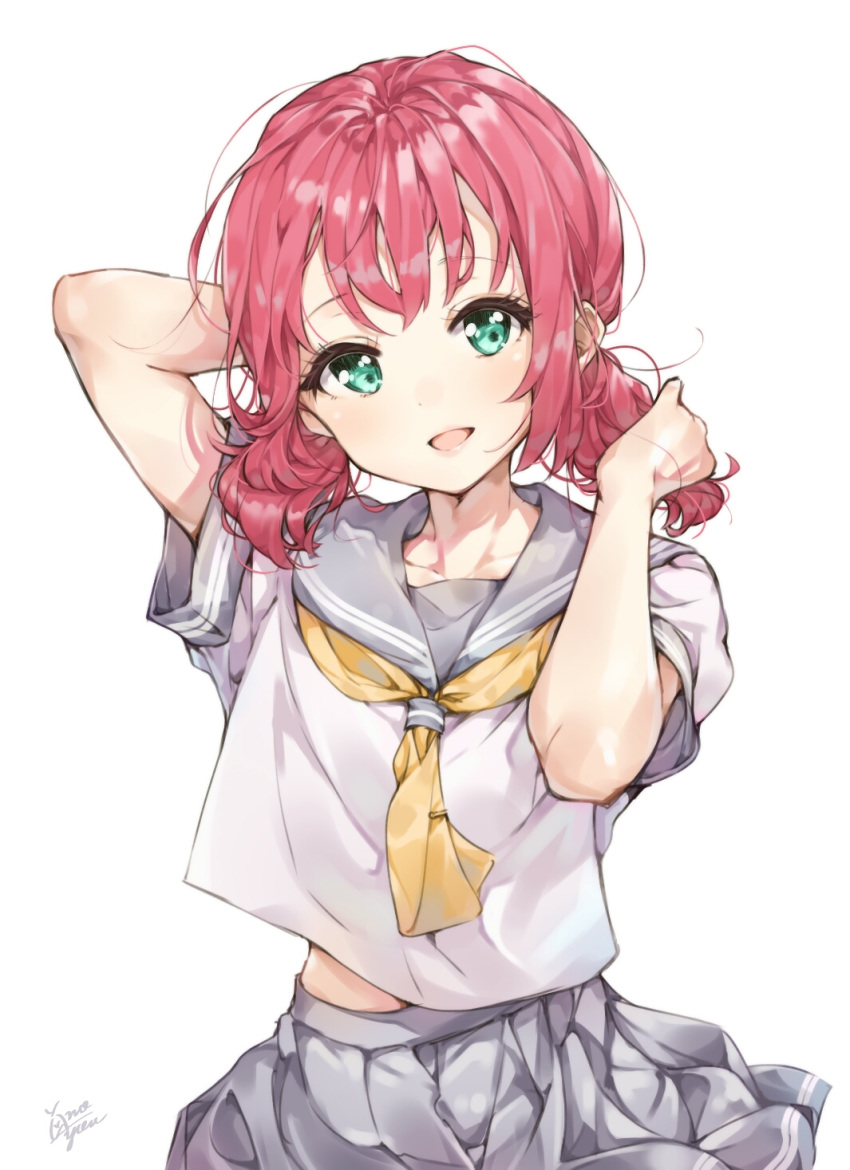 :d alternate_hairstyle arm_behind_head arm_up artist_name bangs belly_peek commentary_request green_eyes grey_sailor_collar grey_skirt hand_in_hair highres kurosawa_ruby looking_at_viewer love_live! love_live!_sunshine!! neckerchief open_mouth red_hair sailor_collar school_uniform serafuku shirt short_sleeves simple_background skirt smile solo takenoko_no_you tie_clip twintails uranohoshi_school_uniform white_background white_shirt yellow_neckwear