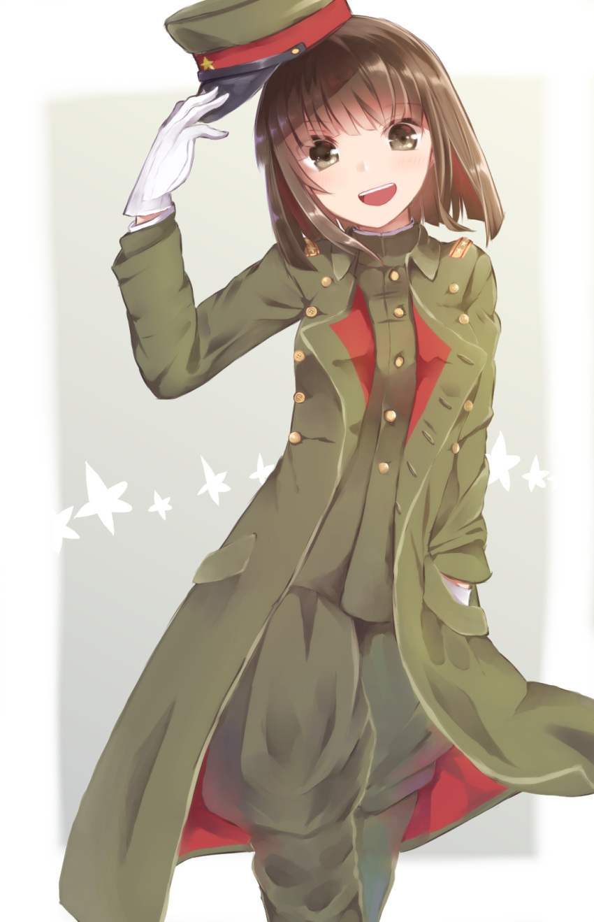 :d bob_cut brown_eyes brown_hair commentary eyebrows_visible_through_hair eyes_visible_through_hair gloves hand_in_pocket hat hat_removed headwear_removed highres imperial_japanese_army military military_hat military_uniform open_mouth original ponkan_(ma_hassaku) short_hair smile solo trench_coat uniform white_gloves