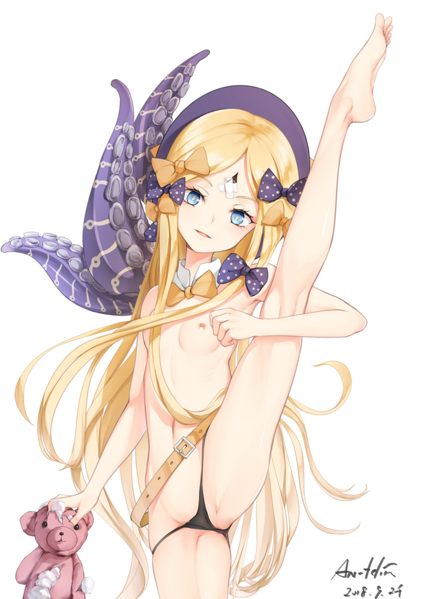abigail_williams_(fate/grand_order) an-telin bad_id bad_pixiv_id bangs barefoot belt belt_buckle black_panties blonde_hair blue_eyes blush breasts brown_belt buckle commentary crossed_bandaids damaged dated detached_sleeves eyebrows_visible_through_hair fate/grand_order fate_(series) feet hat highres holding holding_stuffed_animal leg_up legs long_hair navel nipples panties parted_bangs parted_lips partially_visible_vulva purple_hat signature small_breasts solo split standing standing_on_one_leg standing_split stuffed_animal stuffed_toy suction_cups teddy_bear tentacles toes topless underwear underwear_only very_long_hair white_collar
